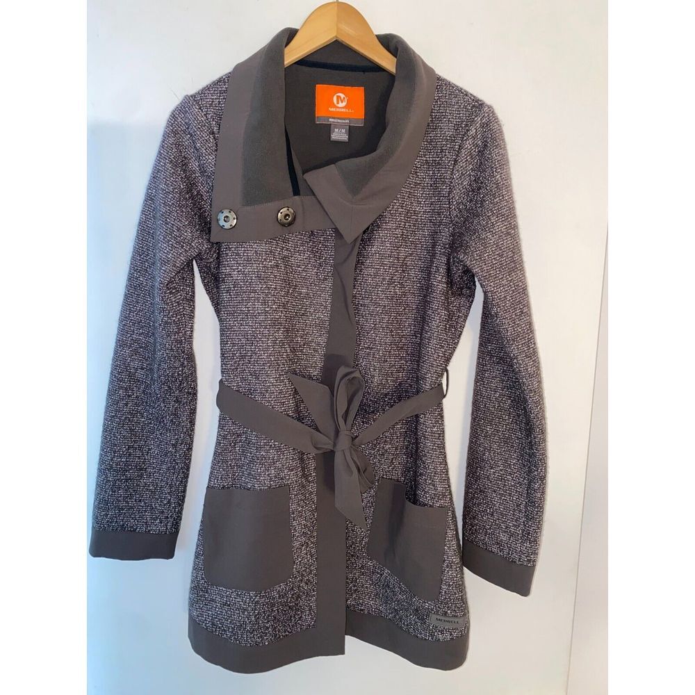 Merrell Long Talley Swacket Sweater Jacket Women M Gray Fleece Lined Belt Waist
